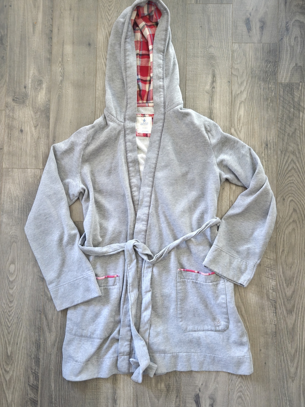 aerie Gray Hooded Robe with Red Plaid Lining